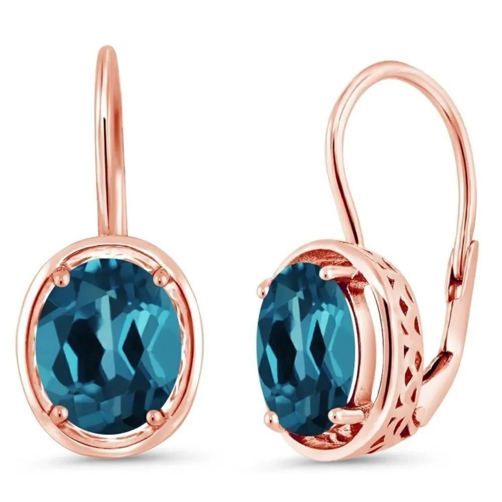 18K Rose Gold 925 with 3.60 Cttw London Blue Topaz Oval Leverback Drop Earrings